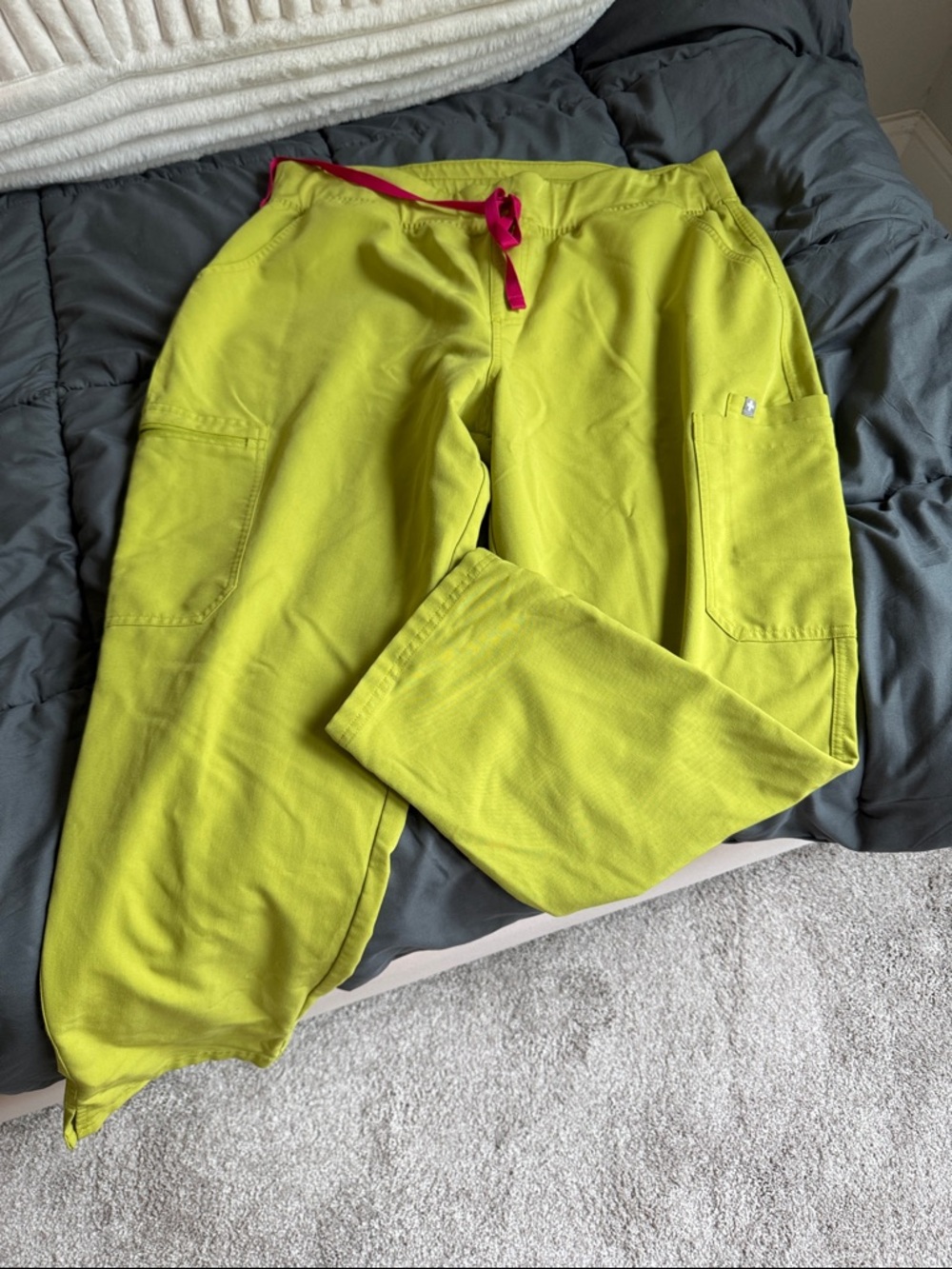 Figs Women's Lime Green Cargo Jogger Pants with Pink Drawstring